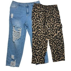 2‎ Shein Pants Jeans  1 XL Curvy  Distressed Denim and Leopard Print Pull on W